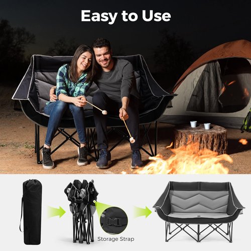Dovov Outdoor Oversized Folding Double Camping Chair for Adults Heavy-Duty Fully Padded Portable Camping Couch Loveseat with 2 Cup Holders Support 600 lbs for Beach, Lawn, Backyard, Campsites, Patio
