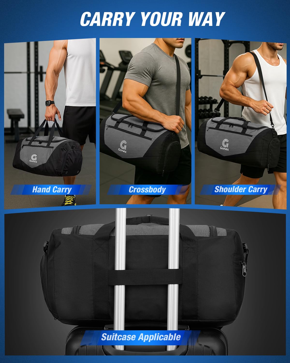 Gonex Gym Duffel Bag 18 inch with Shoe Compartment Wet Pocket, Large Capacity Sports Duffle Bag for Men Women, Workout & Travel Bag with Multiple Pockets, Black/Gray, Small (30L)