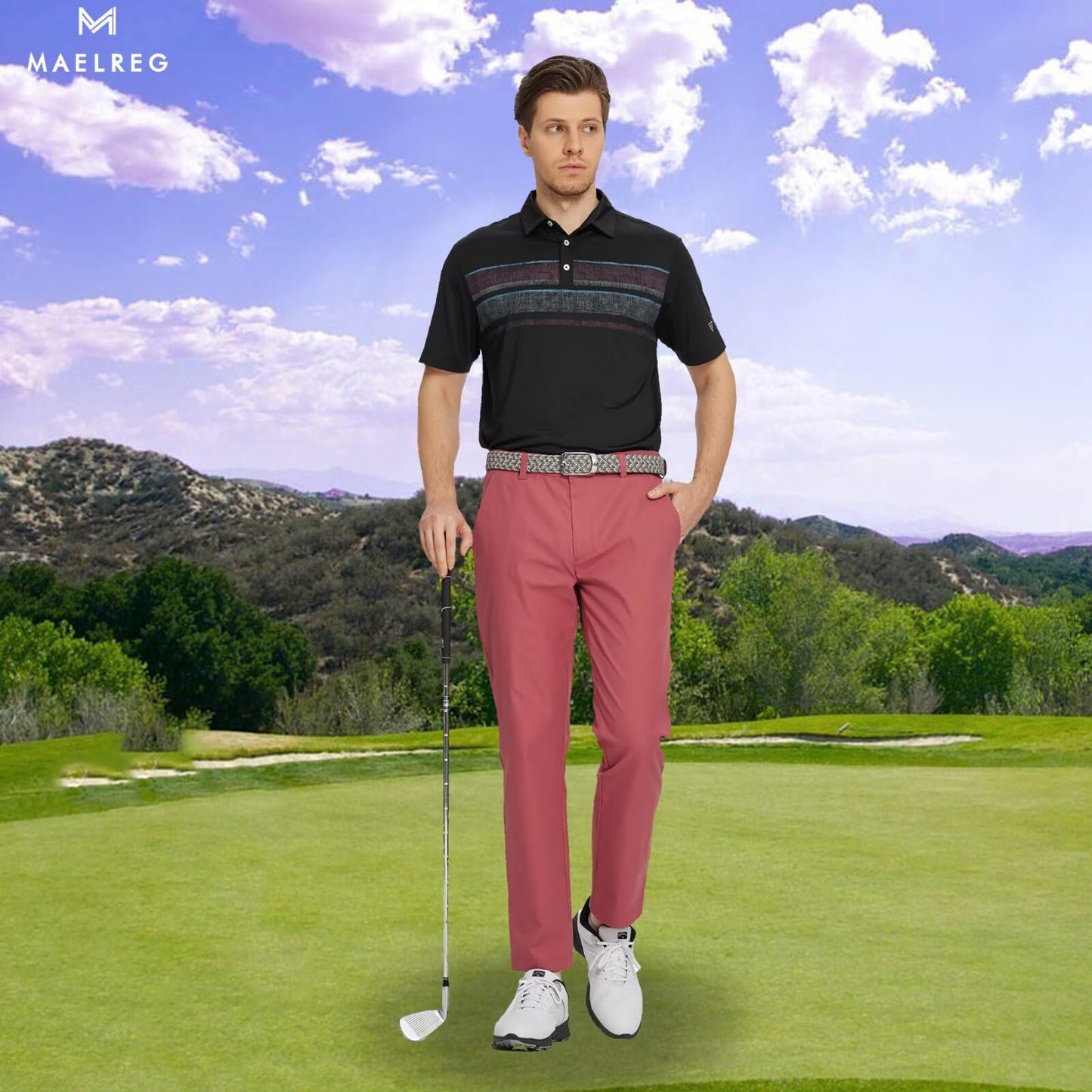 M MAELREG Mens Golf Pants Flat Front Waterproof Lightweight -30"/32"/34" Slim Fit Chino Casual Dress Pants for Men Cranberry
