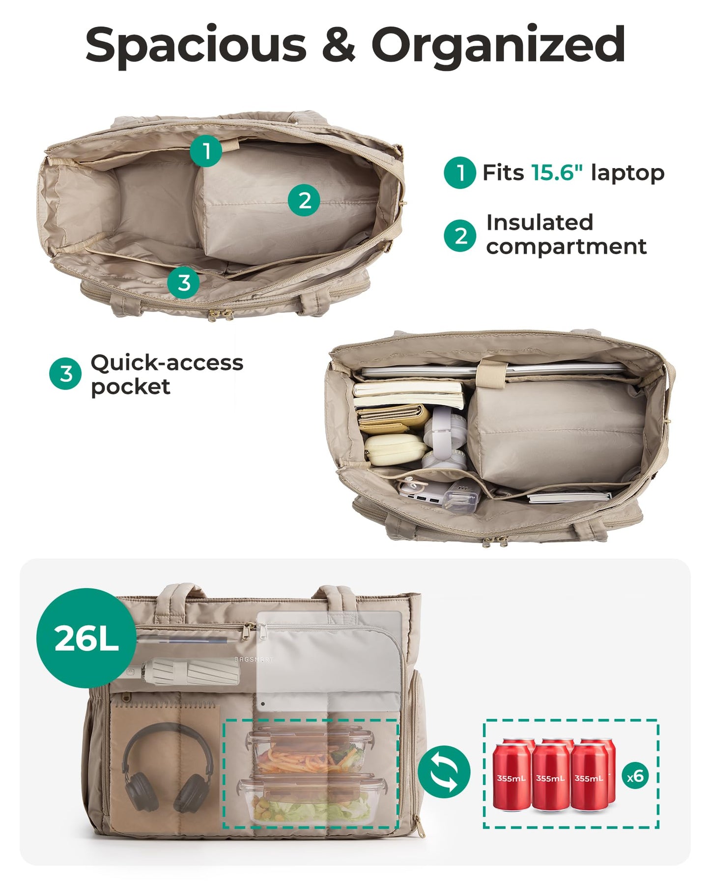 BAGSMART Laptop Tote Bag, Lunch Tote Work Bag with Lunchbox Compartment, Large Puffer Teacher Nurse Tote Large Shoulder