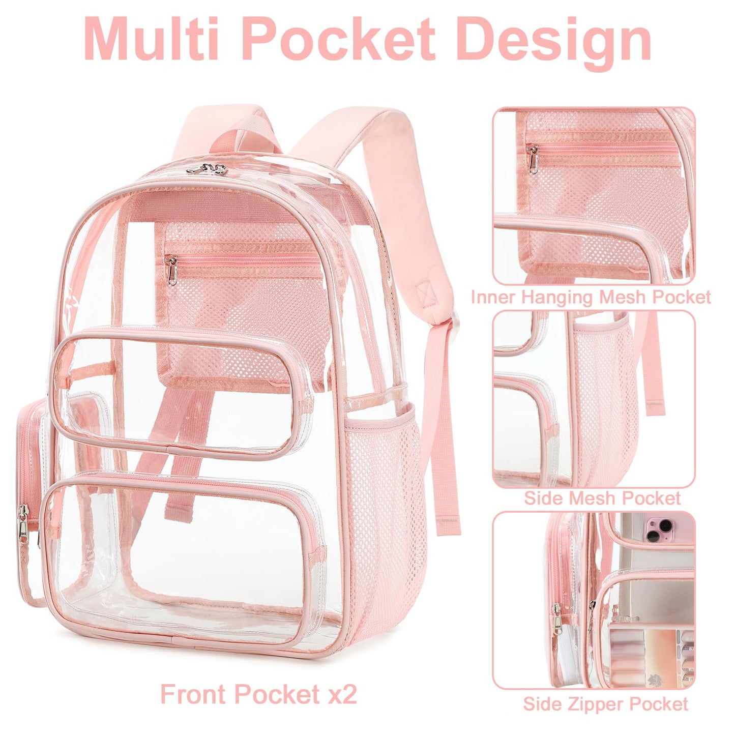BTOOP Clear Backpack Heavy Duty Transparent Backpack 17" See Through Bookbag for College Work Festival Security Padded Strap (Pink)