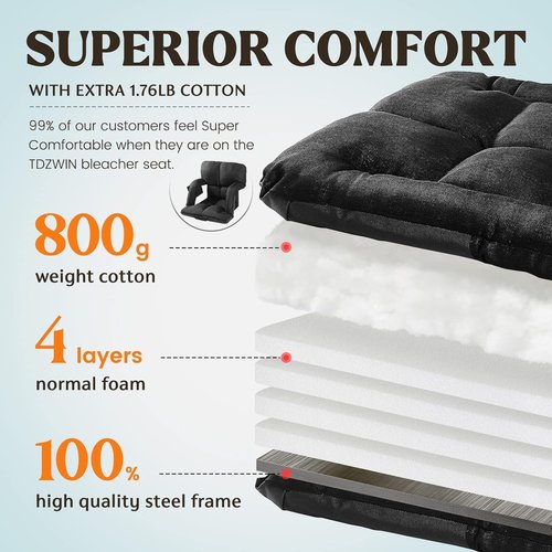 Extra Wide Stadium Seats with Back Support, 2 Pack Bleacher Chairs with Back and Cushion, 6 Reclining Positions, Stadium Chair Bleacher Seat with Armrests for Sport Events, Camping (Black, 25")
