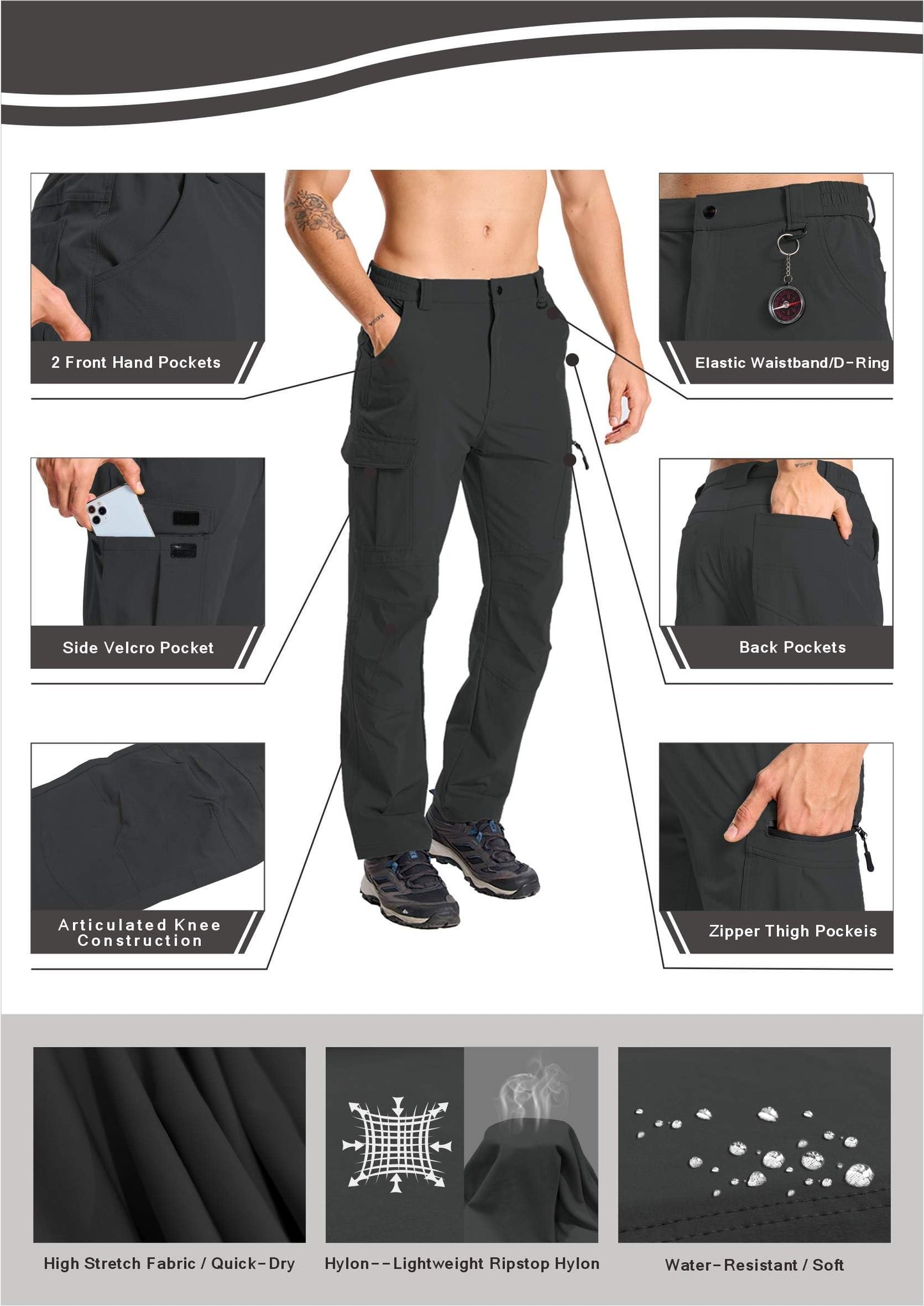 keihTrail Men's Hiking Cargo Work Pants Waterproof Lightweight Quick Dry Outdoor Fishing Mountaineering Travel Mountain Tactical Pants Dark Grey L