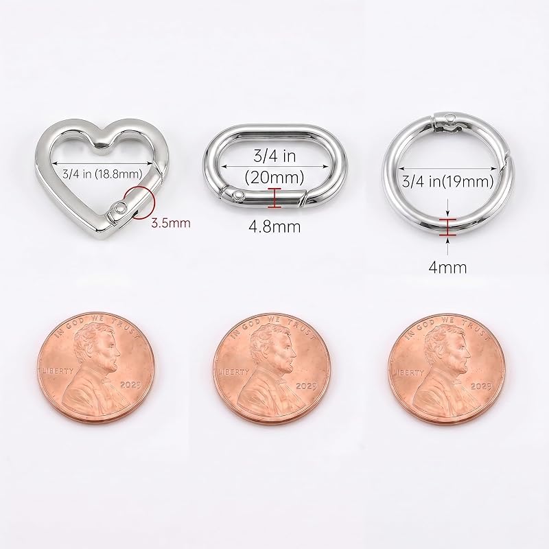 15Pcs Gold Oval, Silver Round & Heart Carabiner Clips Set – Keychain & Bag Charm Hardware (Variation: Silver Round 19mm, Oval 20mm, Heart 18mm)