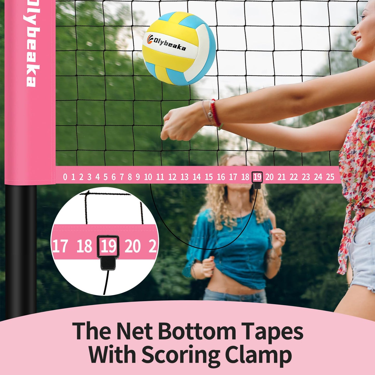 Portable Outdoor Volleyball Net Set for Backyard Beach with Adjustable Poles, Soft PU Volleyball & Pump, Carry Bag and Durable Anti-Sagging Net (Pink, 20ft)