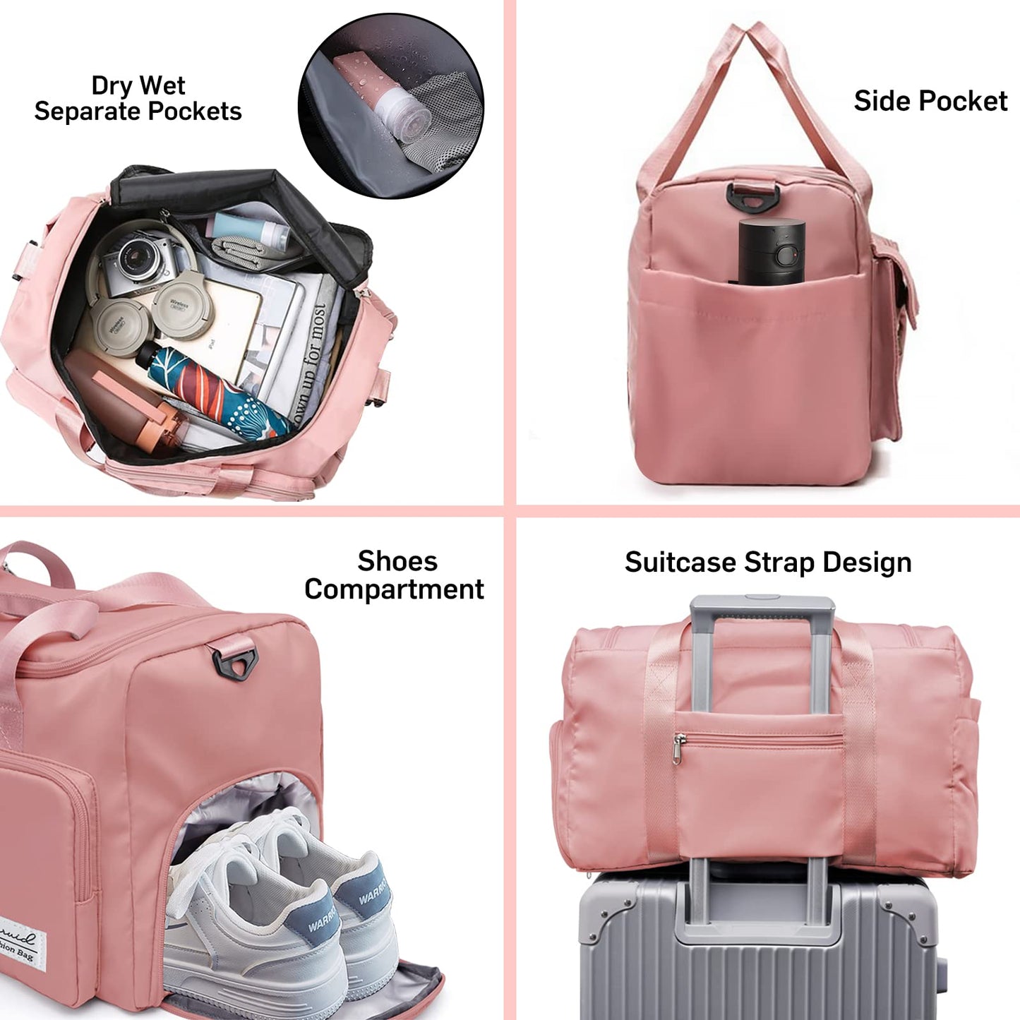 Suruid Sports Gym Duffel Bag with Shoes Compartment and Dry Wet Separated Pocket for Men and Women - Overnight Weekender Training Handbag Yoga Bag - Pink