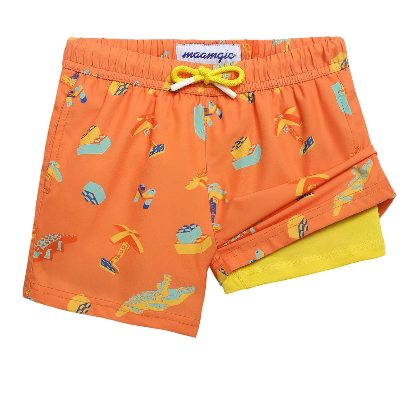 maamgic Boys Swim Trunks with Compression Liner Toddler Stretch Swim Shorts Quick Dry Swimming Trunks Boxer Brief 2 in 1 Beach Shorts Orange Blocks 4T