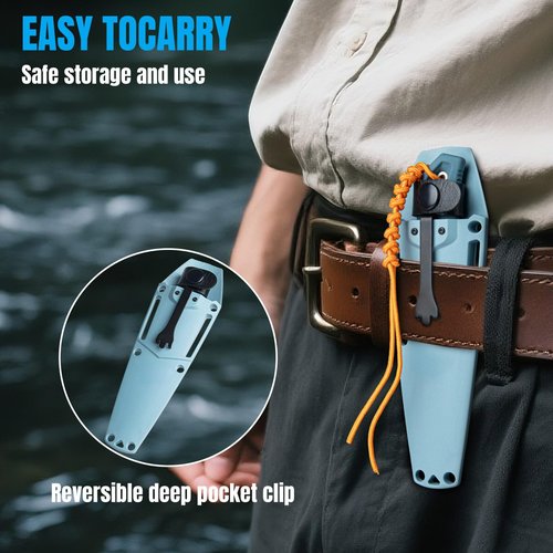 CeoNic Portable Fixed Blade Knife with Kydex Sheath, 2.6" D2 Blade EDC Outdoor Knife with Depth Blue Santoprene Handle (18050)