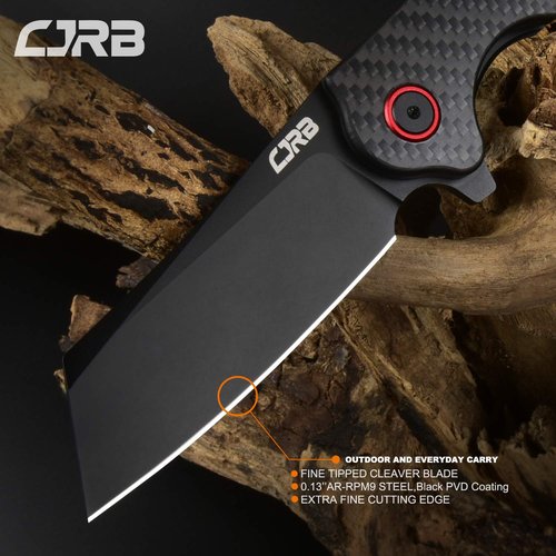 CJRB Crag Folding Pocket Knife, 3.43" AR-RPM9 Steel Blade Carbon Fiber Handle EDC Knife with Pocket Clip for Men Women Camping Survival Hiking, Black (J1904)