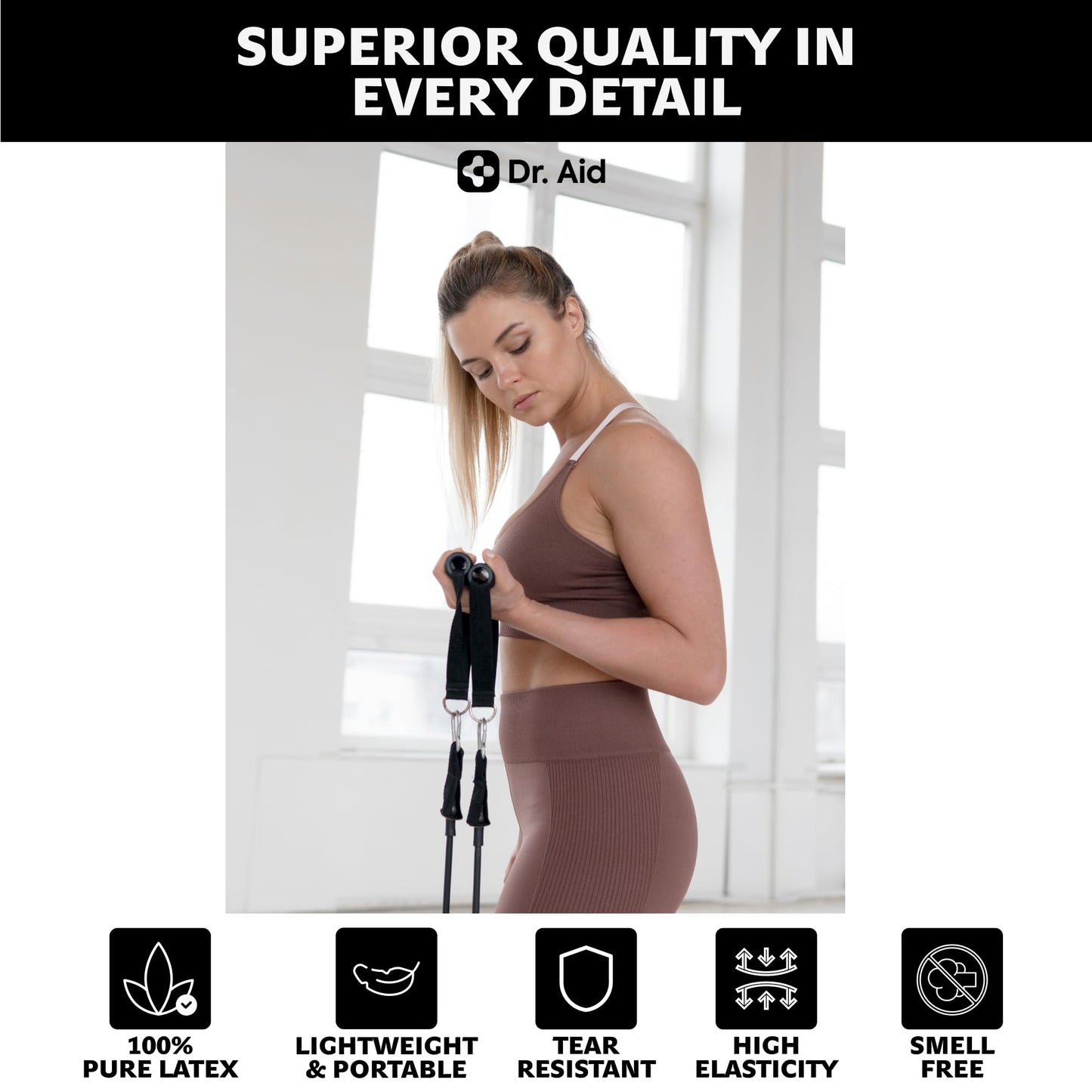 Dr. Aid Resistance Bands with Handles - 5 Stackable Exercise Bands for Working Out, Pure Latex, Smell-Free & Tear Resistant - Workout Resistance Set for Physical Therapy, Strength Training & Stretch