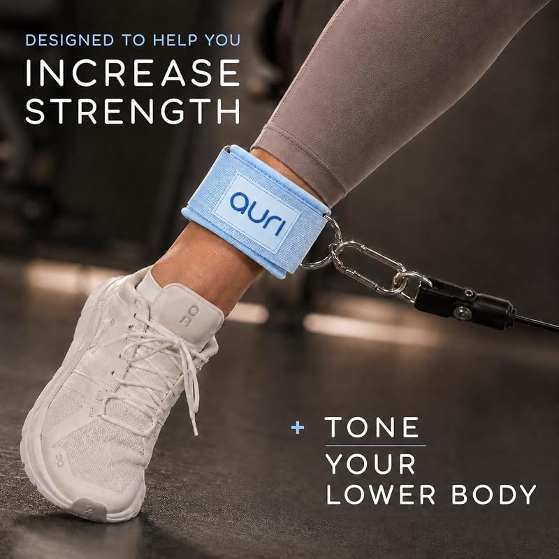Ankle Strap for Cable Machine - Padded Neoprene Cuff with Stainless Steel D-Ring, Skye Blue - Pair