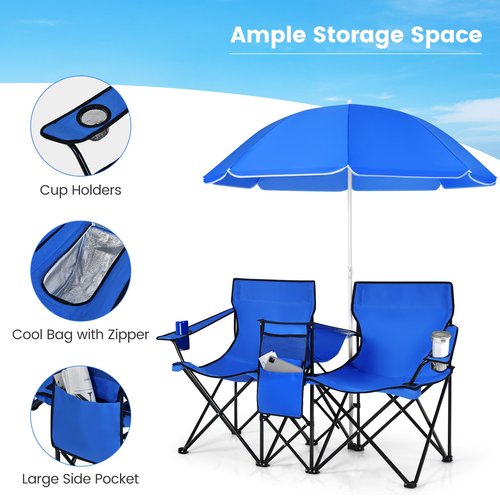 CHEFJOY Double Camping Chair, 2-Person Portable Beach Chair w/Removable Umbrella, Cup Holders & Carrying Bag, Folding Loveseat Chairs for Adults Outdoor Picnic (Blue)