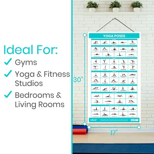 Vive Yoga Poster - Poses for Beginners and Experts - Mat Exercise Home Gym Workout Accessories Set- Double Sided Laminated Flow Chart Accessory - Instructional Guided Routine - for Women, Men
