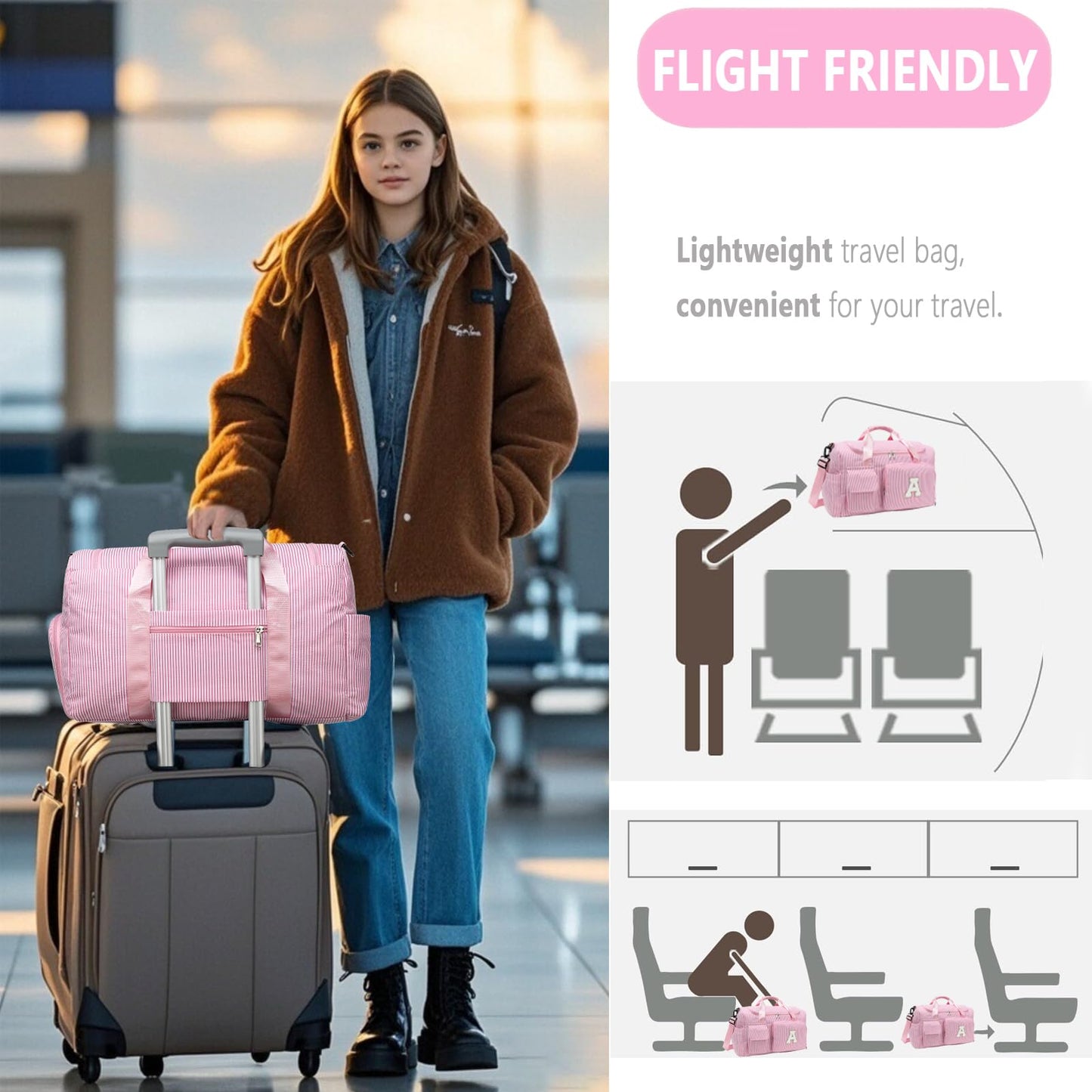 HuiLeo Kids Travel Duffle Bag Dance Bag Gifts for Girls Initial Gym Bag with Shoes Compartment for Women Lightweight Weekender Bags Pink-A