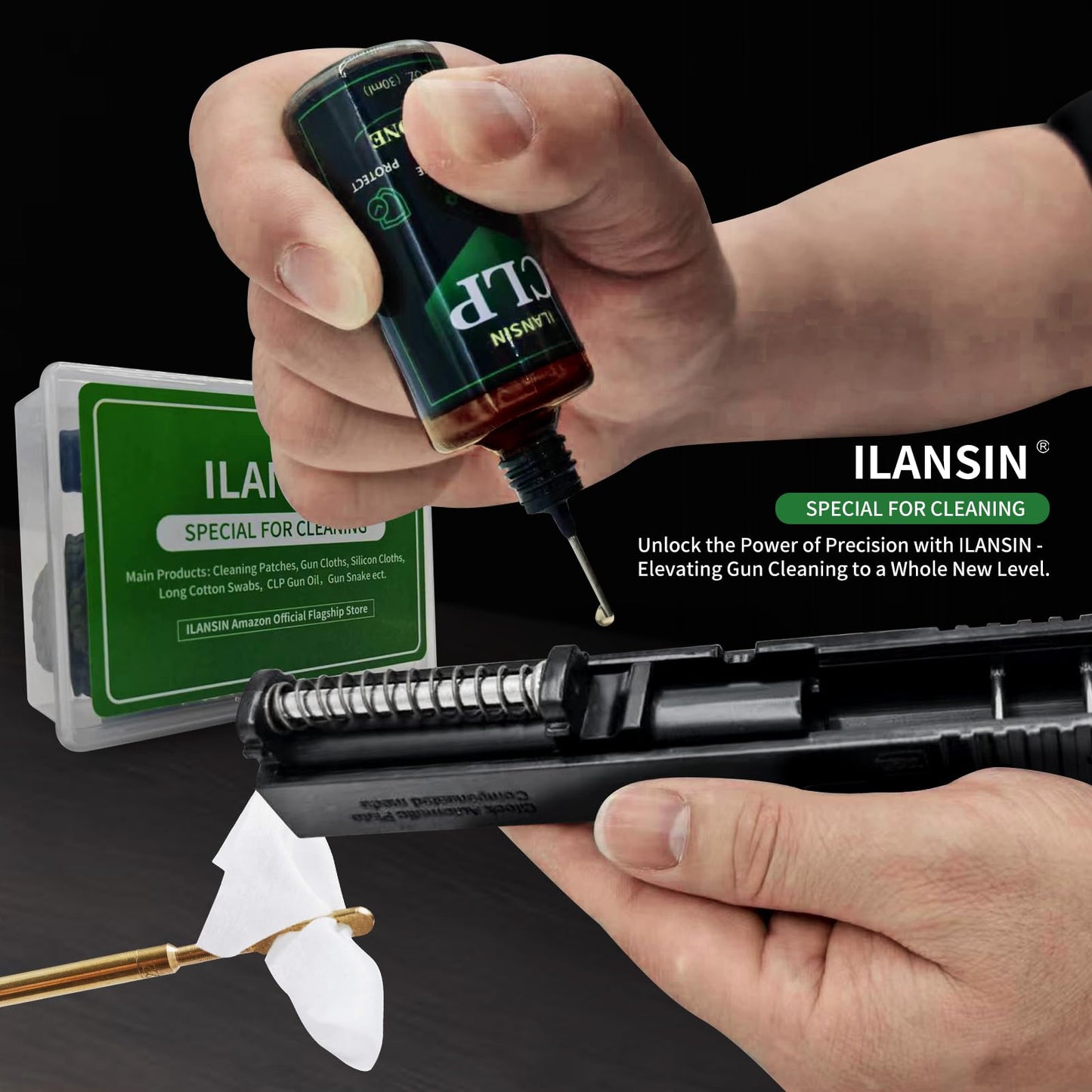 ILANSIN Gun Cleaning Patches+ Gun Cleaning Swabs+ CLP Oil, All in One Gun Lubrication,6" Long Cotton Swab,Lint Free Gun Cleaning Cloth, Fit All Caliber Firearms,Gun Cleaning Supplies Storage in Box
