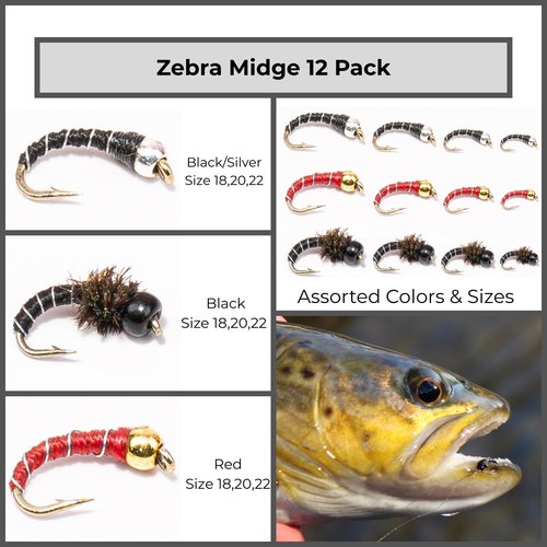 Floating Feather Supply Zebra Midges for Fly Fishing 12 Pack - Hook Size 18-22, Fishing Accessories, Trout Flies, Wet Flies, Silver Bead Black, Gold Red, Tungsten Euro Nymph (Black, 22)