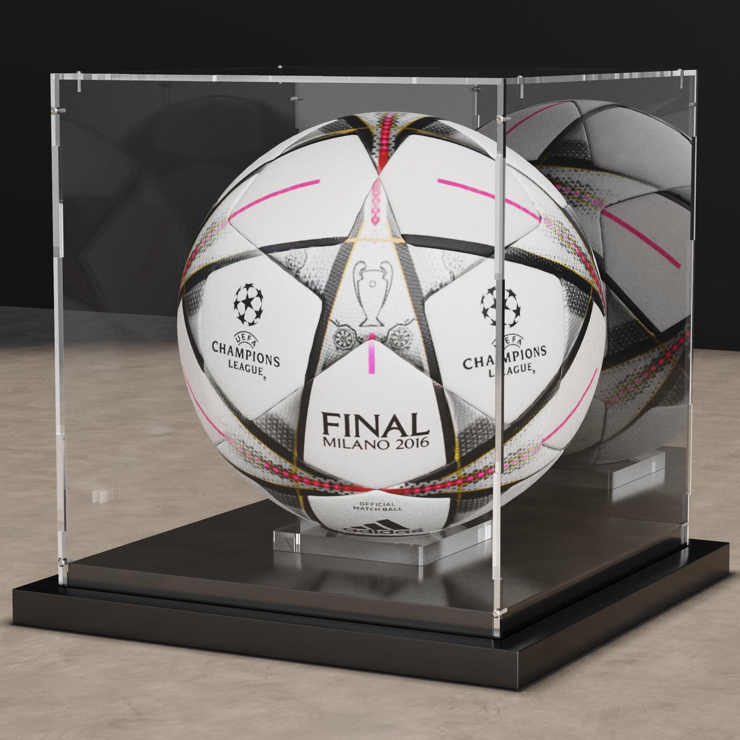 Xiomot Soccer Ball Display Case Clear Acrylic Display Case Box with Mirror Back and Black Metal Grooved Base Stackable Holder with Removable Built-in Soccer Ball Stand for Sports Collectibles