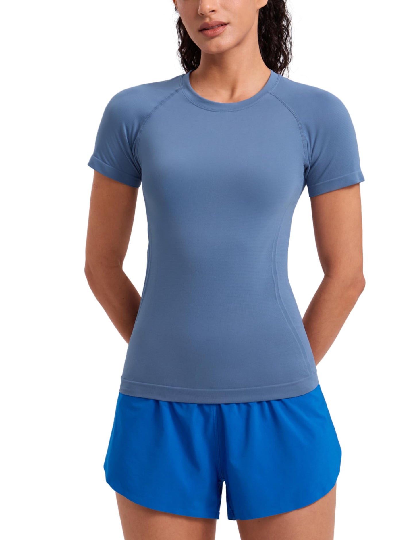 CRZ YOGA Seamless Workout Tops for Women Hip Length - Athletic Running Gym Yoga Short Sleeve Shirts Breathable Crewneck Tees Oasis Blue Small