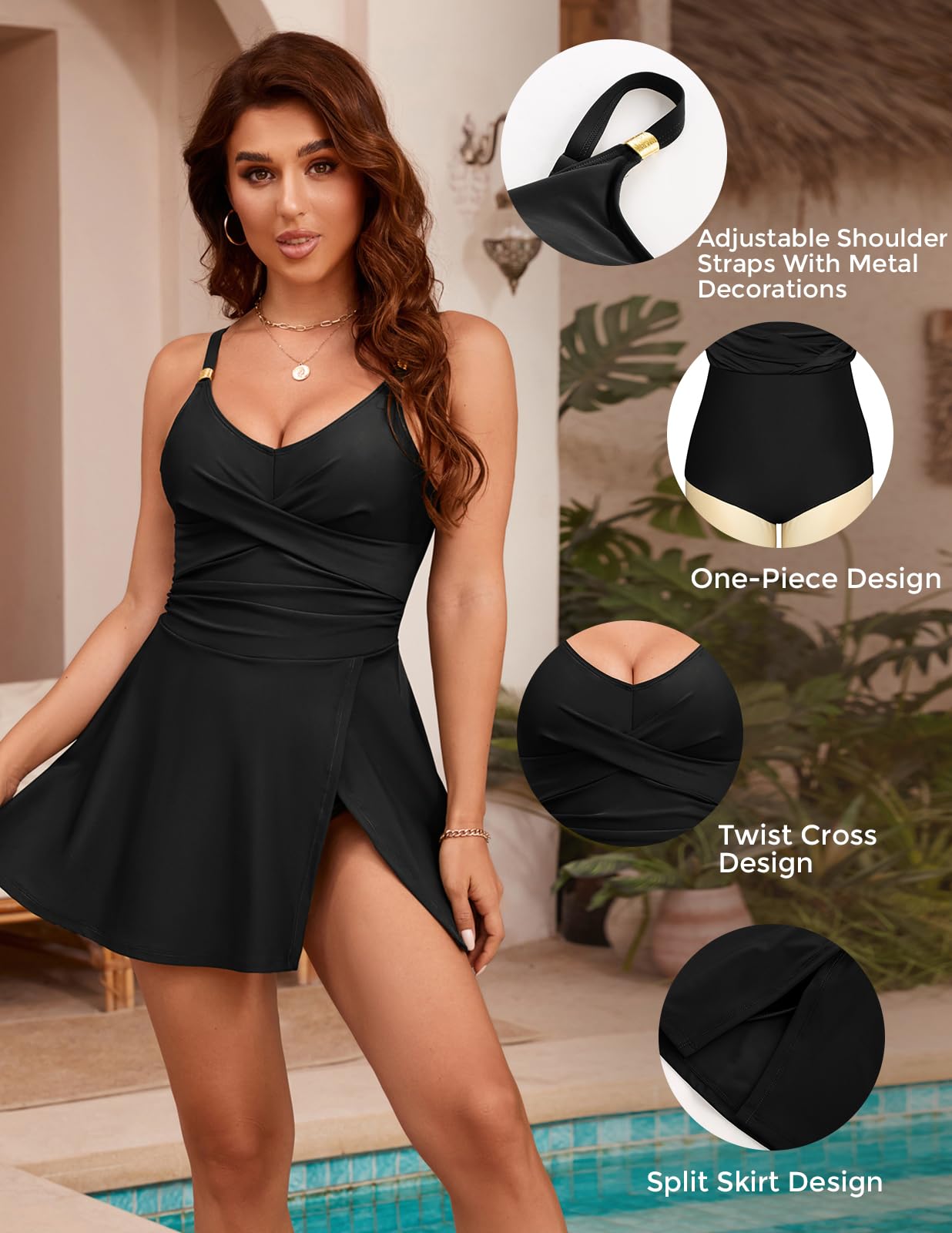 Hanna Nikole Womens One Piece Swimsuits Modest Bathing Suit for Women V Neck Gold Metal Long Torso Swimdress Black XL