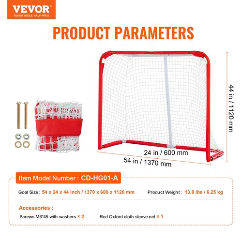VEVOR Youth Street Hockey Net, Indoor Outdoor Steel Hockey Goal, Portable Lightweight Youth Street + Roller for Kids, Junior Hockey Training Goal Set with Net, Easy Assemble, 54" x 44", White/Red