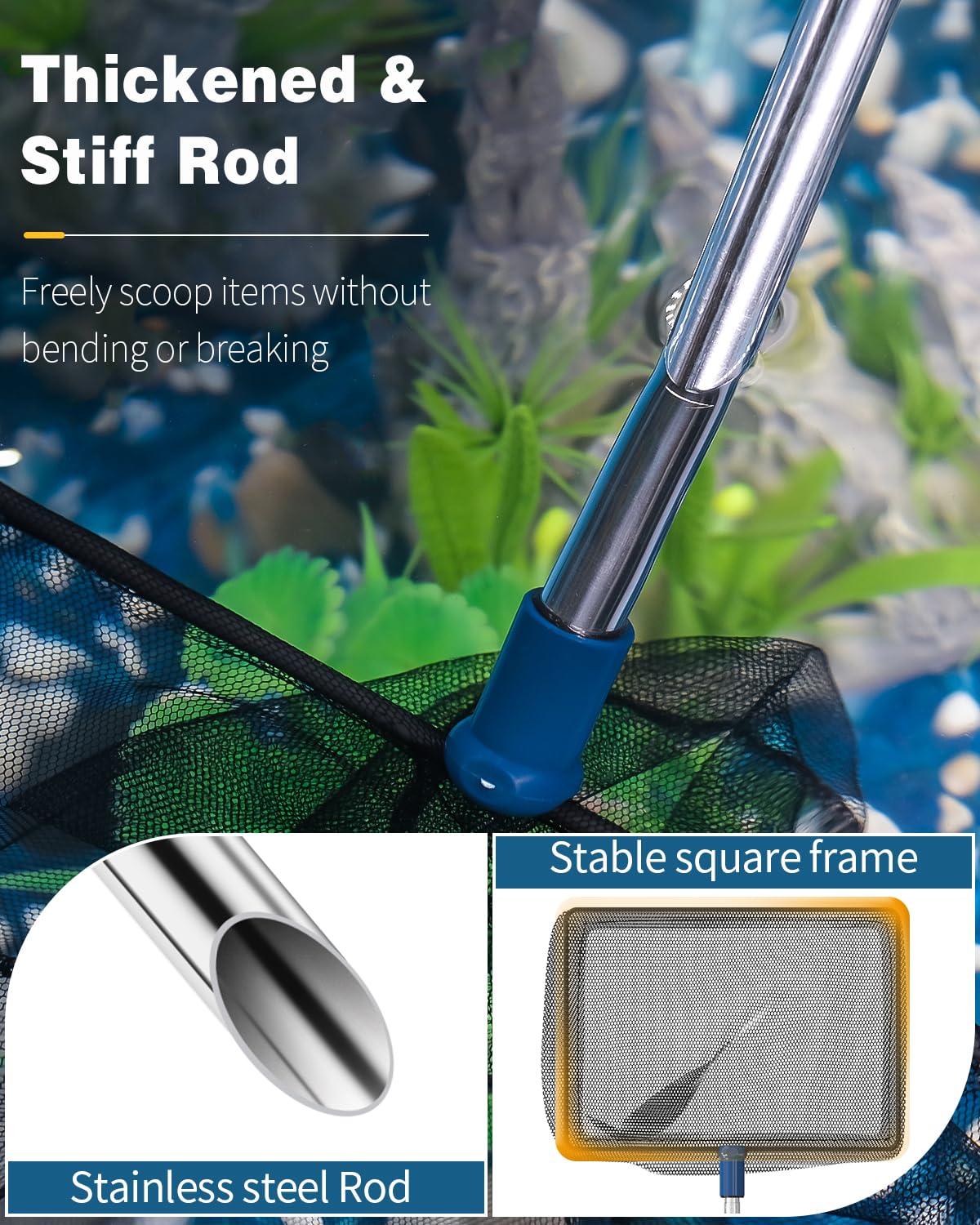 Pawfly Aquarium Fish Net with Telescopic Stainless Steel Handle 8 Inch Large Square Net with Soft Fine Mesh Sludge Food Residue Wastes Skimming Cleaning Net for Fish Tanks Small Koi Ponds and Pools