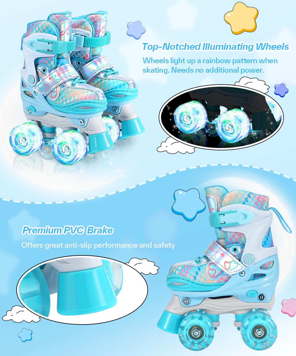 Sportneer Adjustable Kids Roller Skates with Light Up Wheels, 4 Sizes Fit for Girls Boys Ages 5–12, Fun Outdoor Indoor Quad Skates for Beginners, Safe Gift Set with Protective Gear Included
