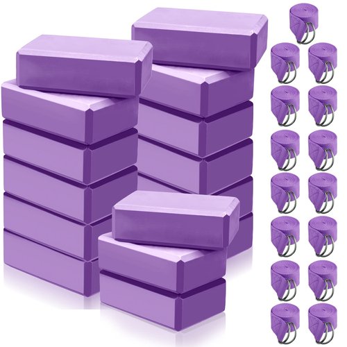 Wettarn 30 Pack Yoga Block and Strap Set 15 Pcs Non-Slip Yoga Blocks with 15 Pcs Metal D Ring Stretching Exercise Workout Fitness Accessory for Gym(Purple)