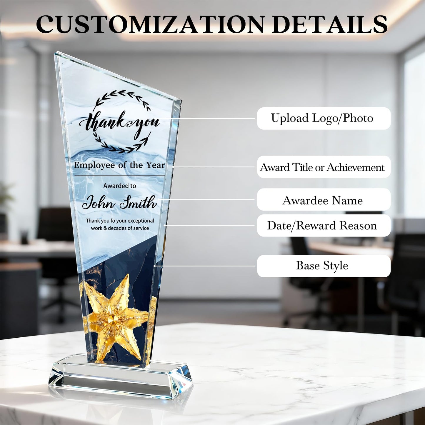 Personalized Crystal Trophy Award | Custom Awards with Text Logo Photo | Awards and Trophies for Employee Appreciation Gifts | Personalized Office Gifts for Boss Teacher | Office Decor (Full Style)