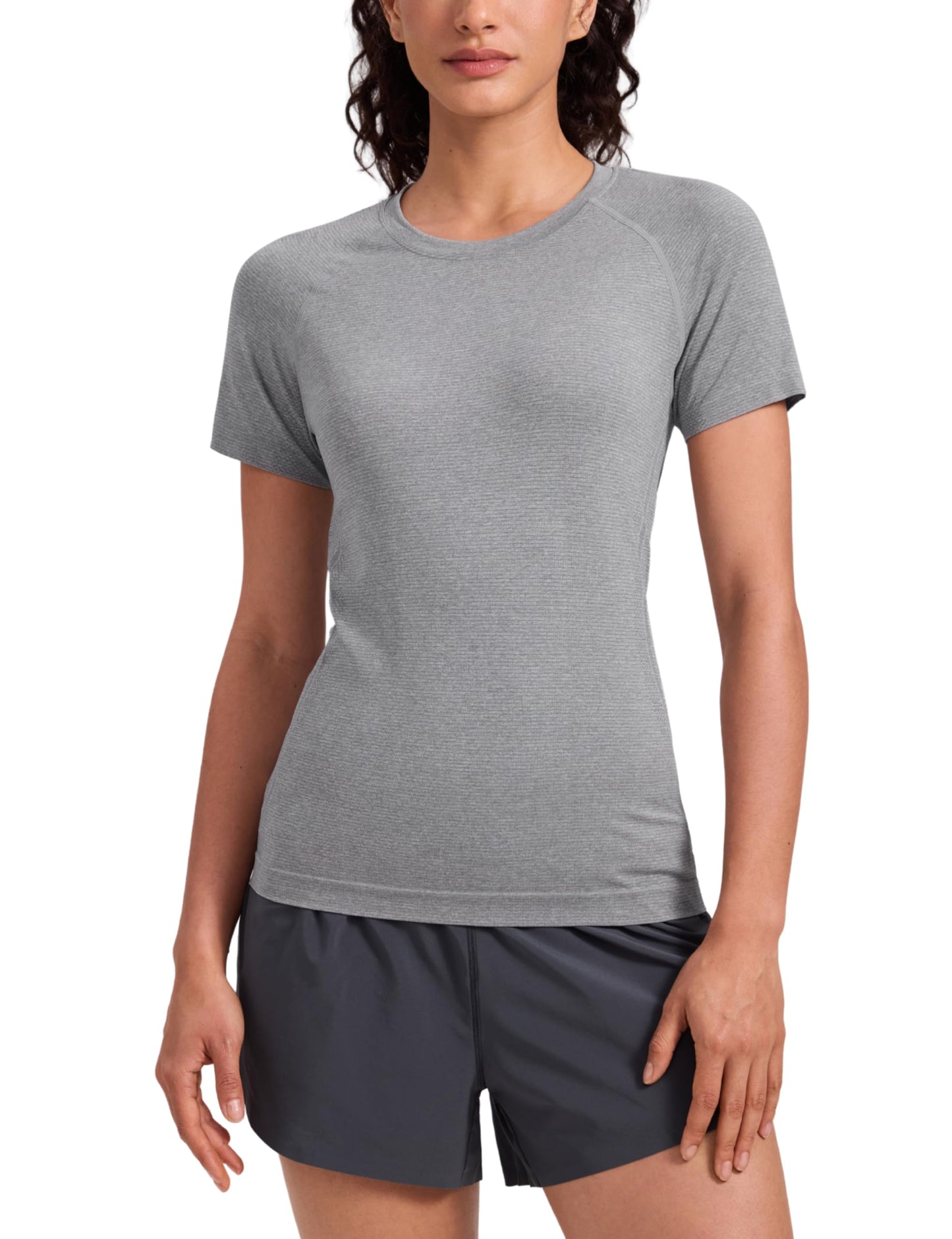 CRZ YOGA Seamless Workout Tops for Women Hip Length - Athletic Running Gym Yoga Short Sleeve Shirts Breathable Crewneck Tees Slate Grey Marl Large