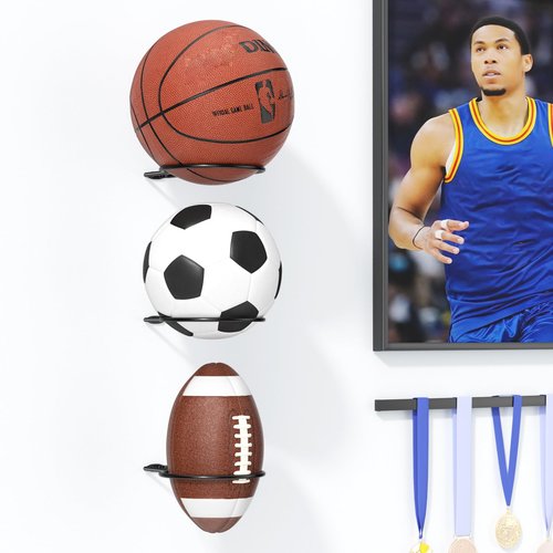 jockcaras Ball Holder Wall Mount Set – 4 Sports Ball Racks for Basketball, Soccer, Volleyball, Football – Wall Storage & Display for Sports Room