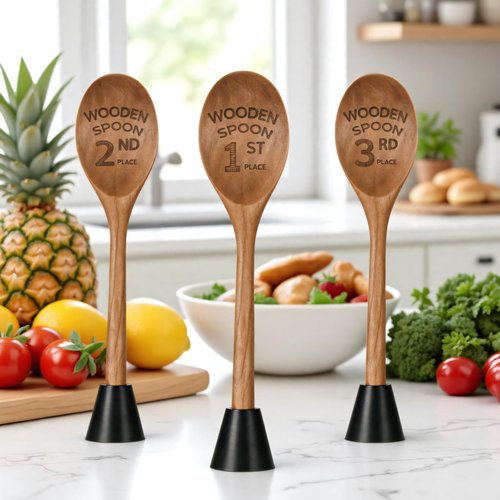 Ptwola 3PCS Wooden Spoon Award Trophies Set Funny Chili Cook Off Prizes Laser Engraved Pepper Event Winner Decorations Medals with Removable Base for Food Baking Contest Competition Party Supplies