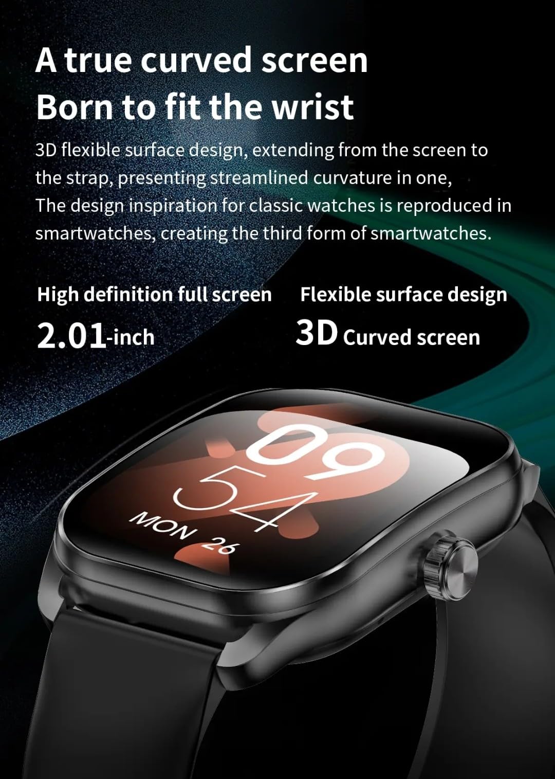 SENBONO JX629 Smart Watch with Curved Screen, Bluetooth Calling, Multiple Sports Modes, Heart Rate Monitor (Black, 2.01 Inches, Black)