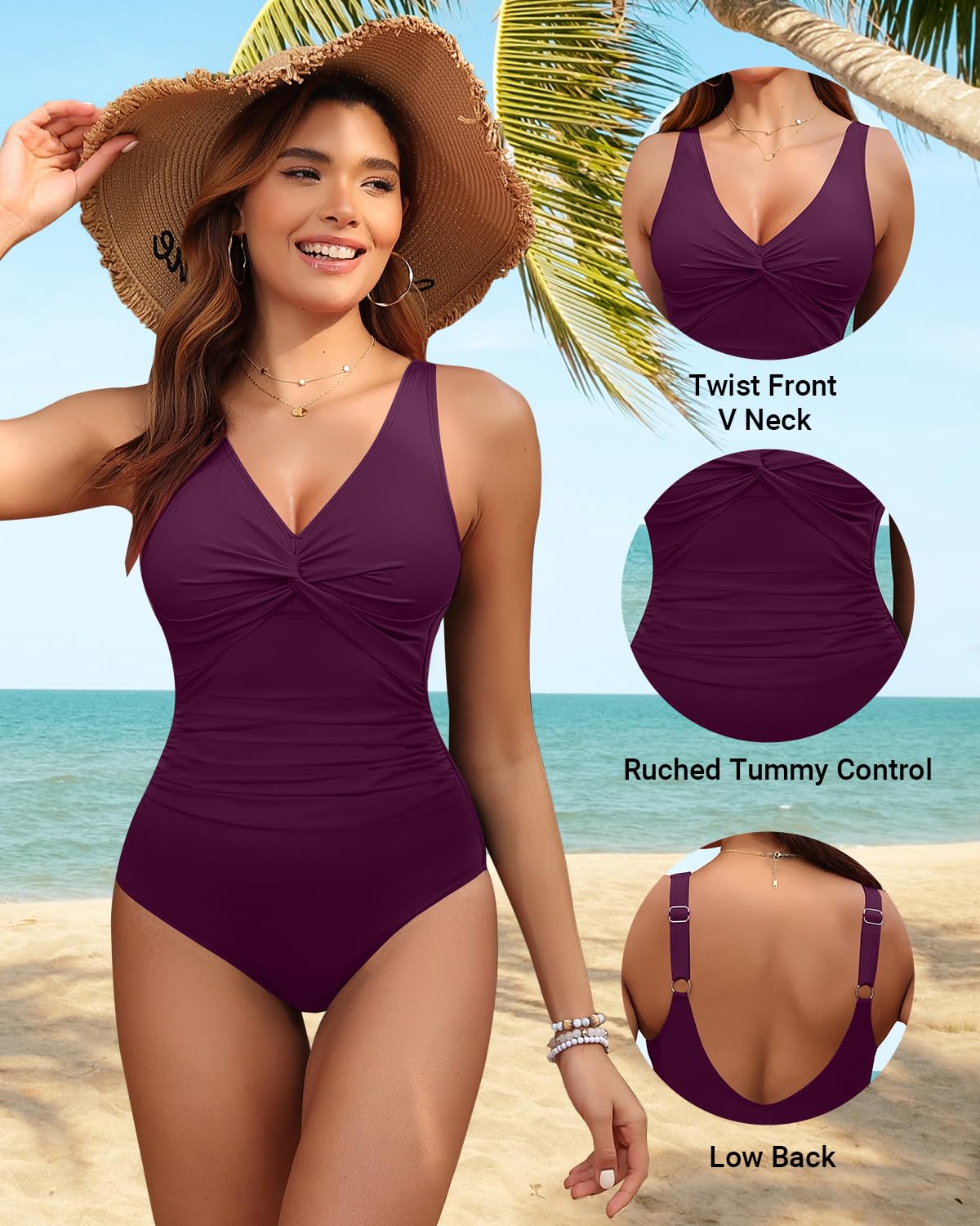 Holipick Purple Women Tummy Control One Piece Swimsuit - Push Up Bathing Suit Full Coverage Slimming Swimwear M