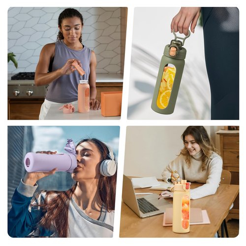SIEROZUR 20oz Borosilicate Glass Water Bottle with Flip Lid and Silicone Sleeve Reusable Drinking Bottle with Handle for Coffee,Tea and Water,BPA-free Dishwasher Safe