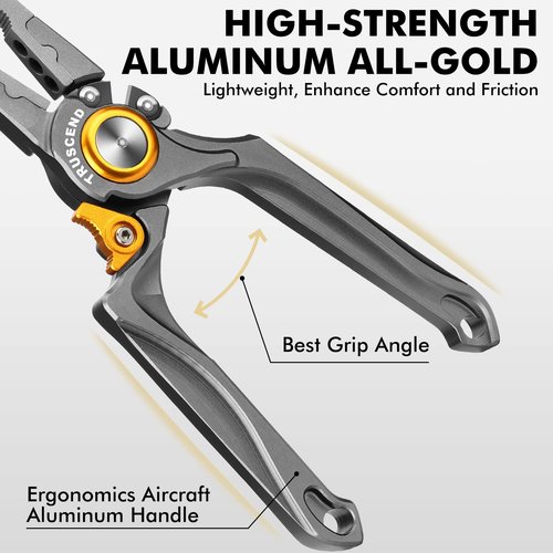 TRUSCEND Lockable Handy Fishing Pliers with Innovative Ergonomical Handle, Corrosion Saltwater Resistant Teflon Coated Fishing Tool, Multi-Function Fishing Gear with Mo-V Cutter, Fishing Gifts for Men