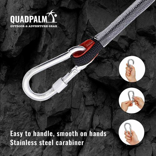 QUADPALM Grappling Hook and Black Rope 10M (32ft) - Multifunctional Heavy Duty Survival Hook - 2 Locking carabiners - 4 Stainless Steel Folding Claws - Survival Gear - Outdoors Camping Hiking