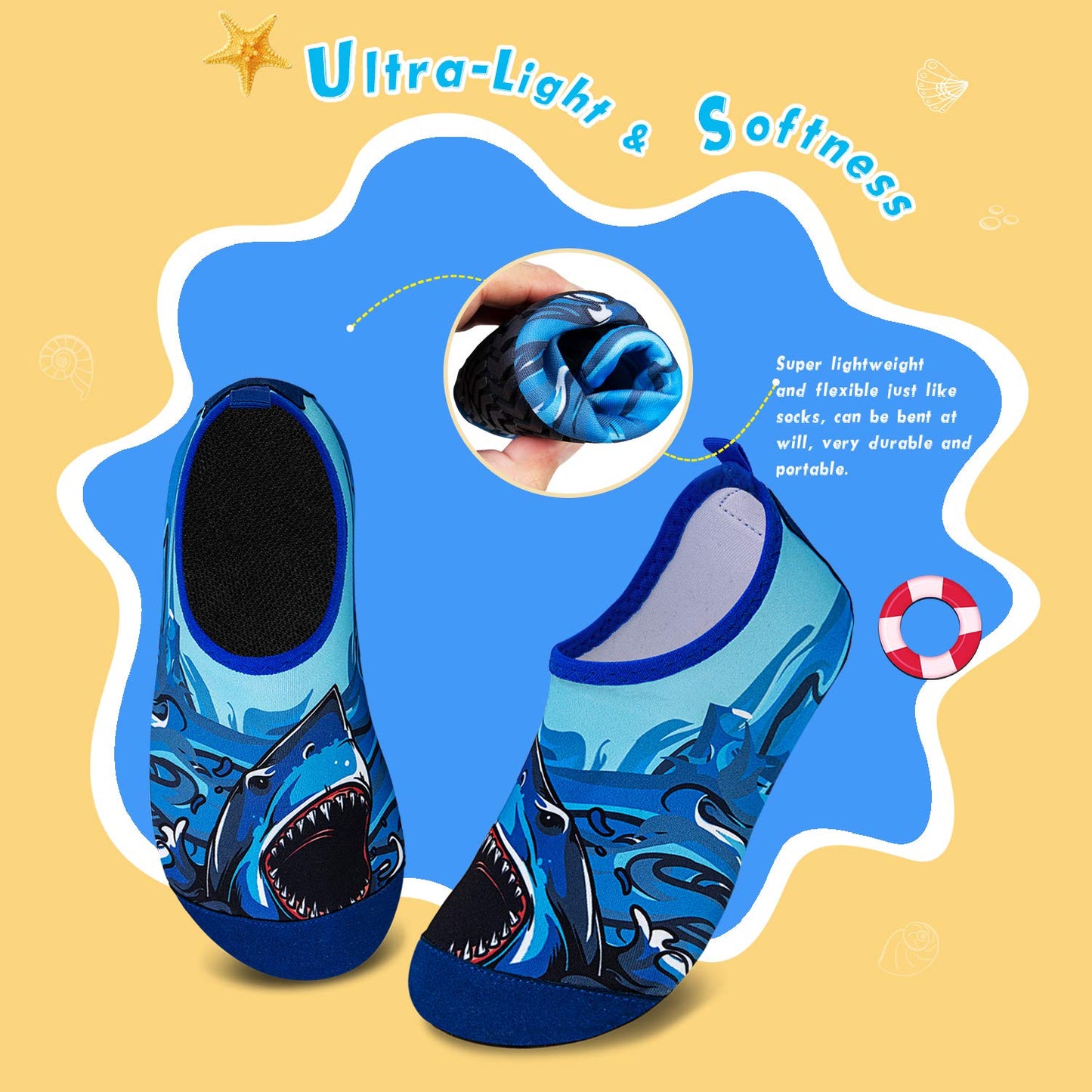 WateLves Kids Water Shoes Toddler Girls Boys Barefoot Non-Slip Quick Dry Aqua Socks for Beach Swim Walking (Big Shark, 36/37)