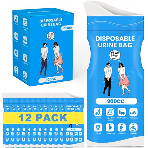 Kingci Disposable Pee Bags, 900ML Urine Bags for Women Men, 12 Pack Emergency Portable Urinal Bag and Vomit Bag Female Urinal Bags for Travel, Camping, Traffic Jams, Patient, Pregnant
