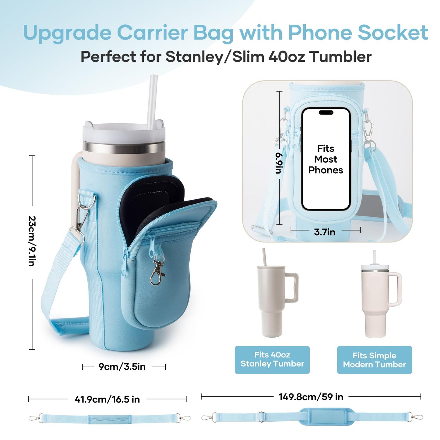 linmaya Water Bottle Carrier Bag for Stanley Cup 40/30oz with Phone Holder Pockets,Neoprene Water Bottle Cross-body Bag with Adjustable Shoulder & Hand Strap Stanley Cup Accessories