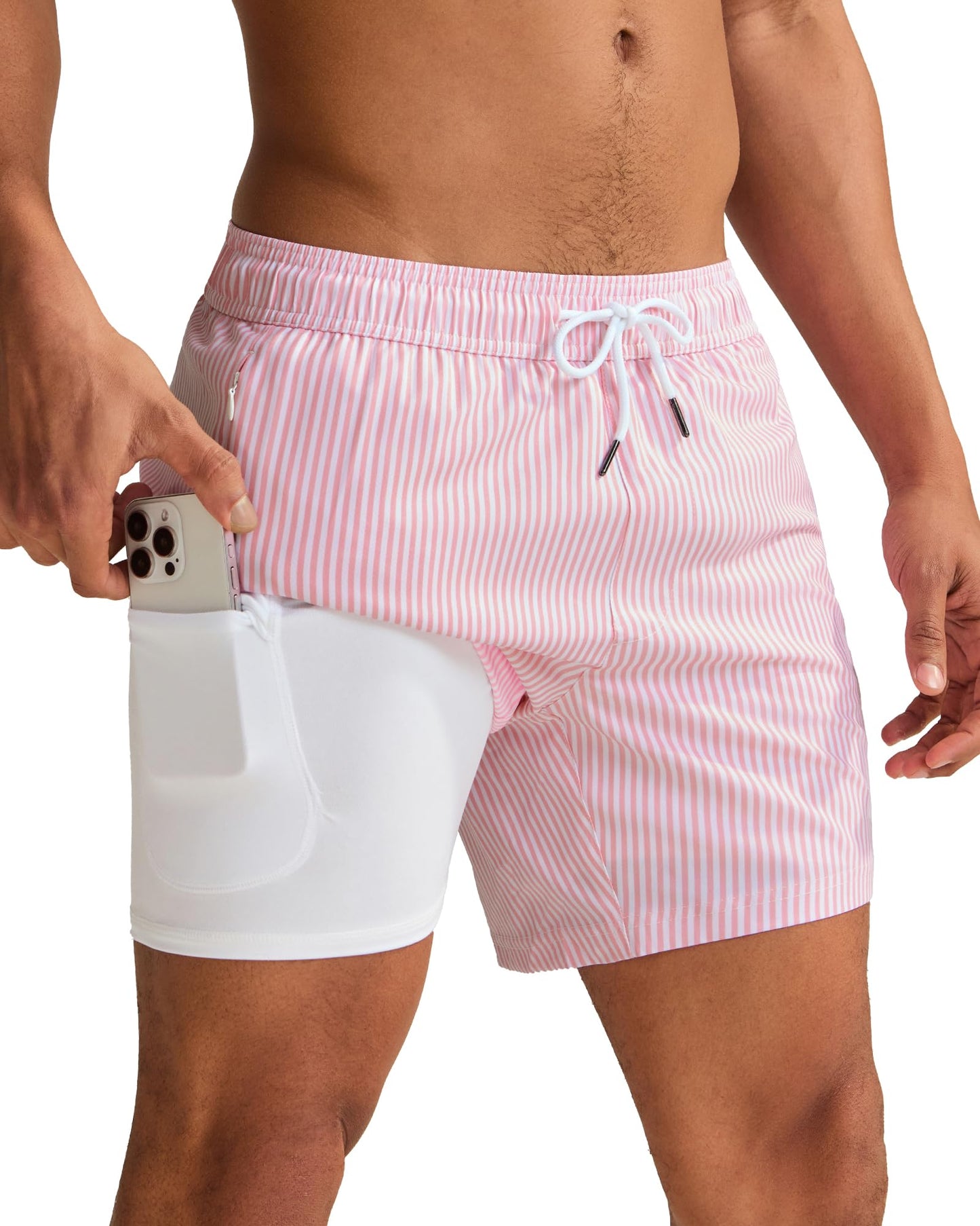 maamgic Mens Swim Trunks with Compression Liner 5 Inch, Quick Dry Bathing Suit with Zipper Pockets, Stretch No-Chafing Swim Shorts, Pink White Stripe Small