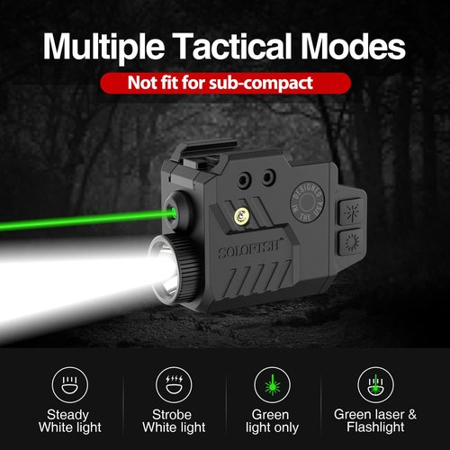 Solofish 800 Lumens Pistol Light Laser Combo, Strobe Function for Green/Red/Blue Laser and Tactical Light with Slidable Rail Fits Full Size Guns w/Rail