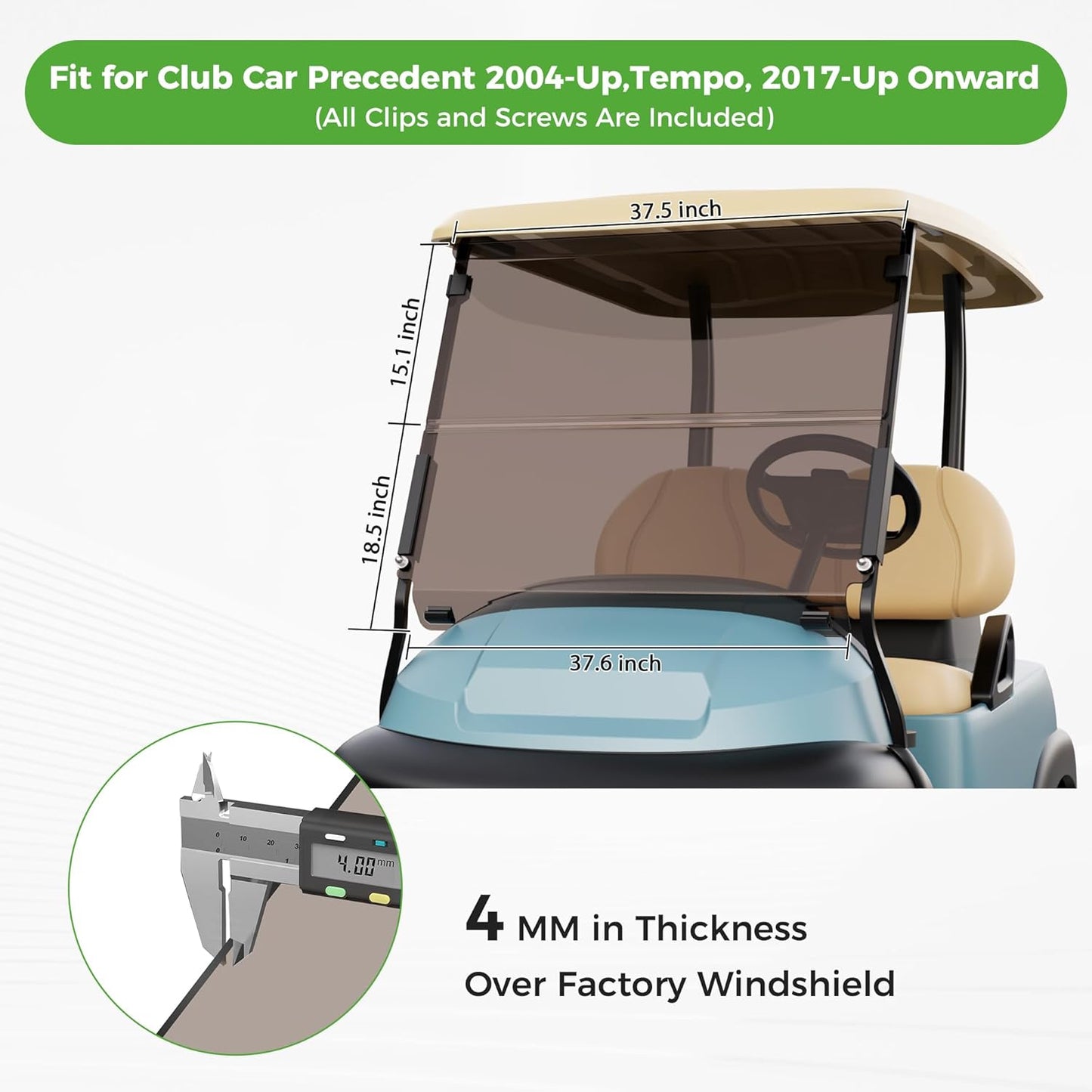 10L0L Golf Cart Windshield for Club Car Precedent 2004-Up, Tempo, 2017-Up Onward, Clear/Tinted Fold Down Club Car Windshield Anti-UV Impact Resistant - 37.5"W X 33.6"H