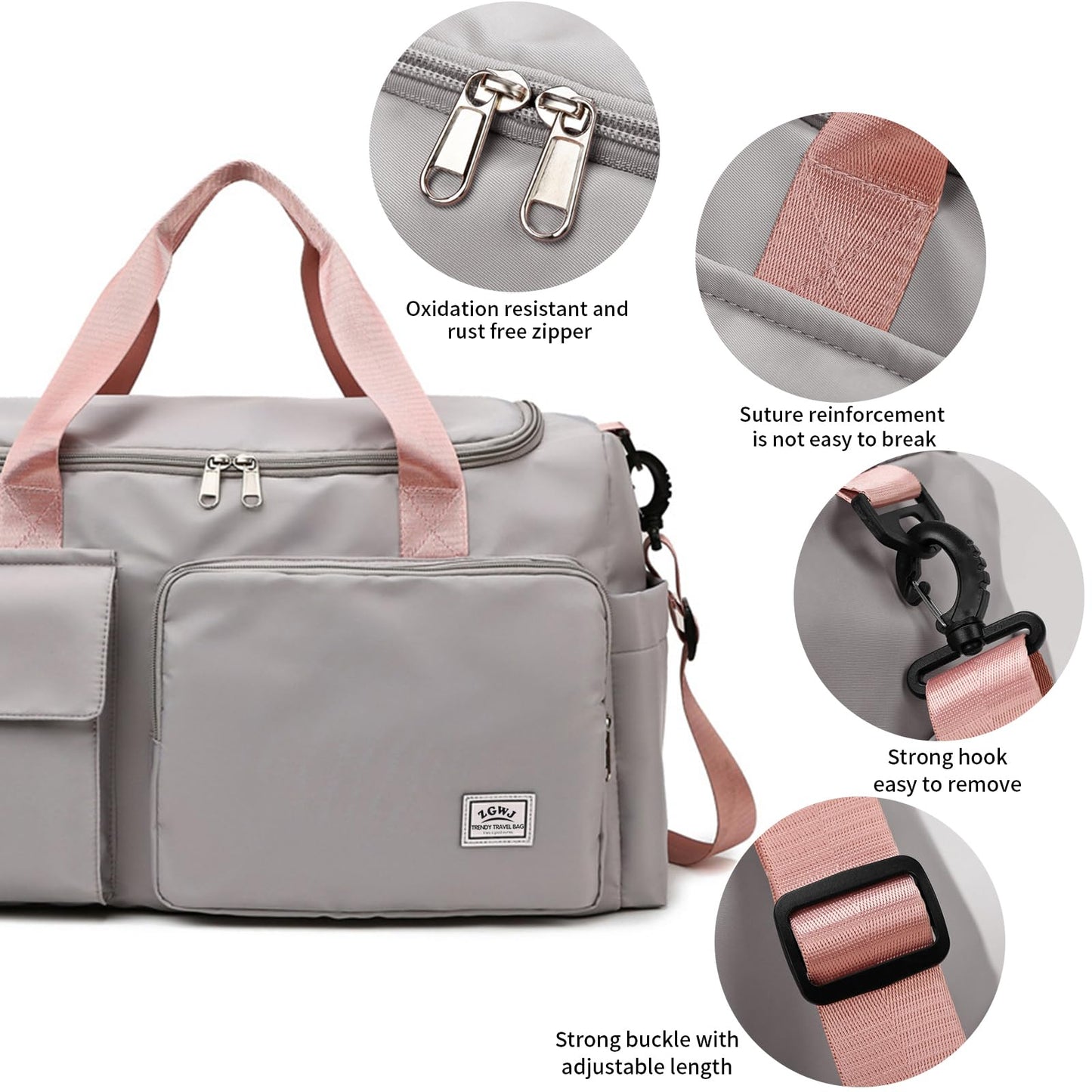 Travel Duffel Tote Bag with Dry Wet Separation Pocket, Weekender Bag for Women and Men，Waterproof Bag with Shoe Compartment Lightweight and Easy Carry on Grey