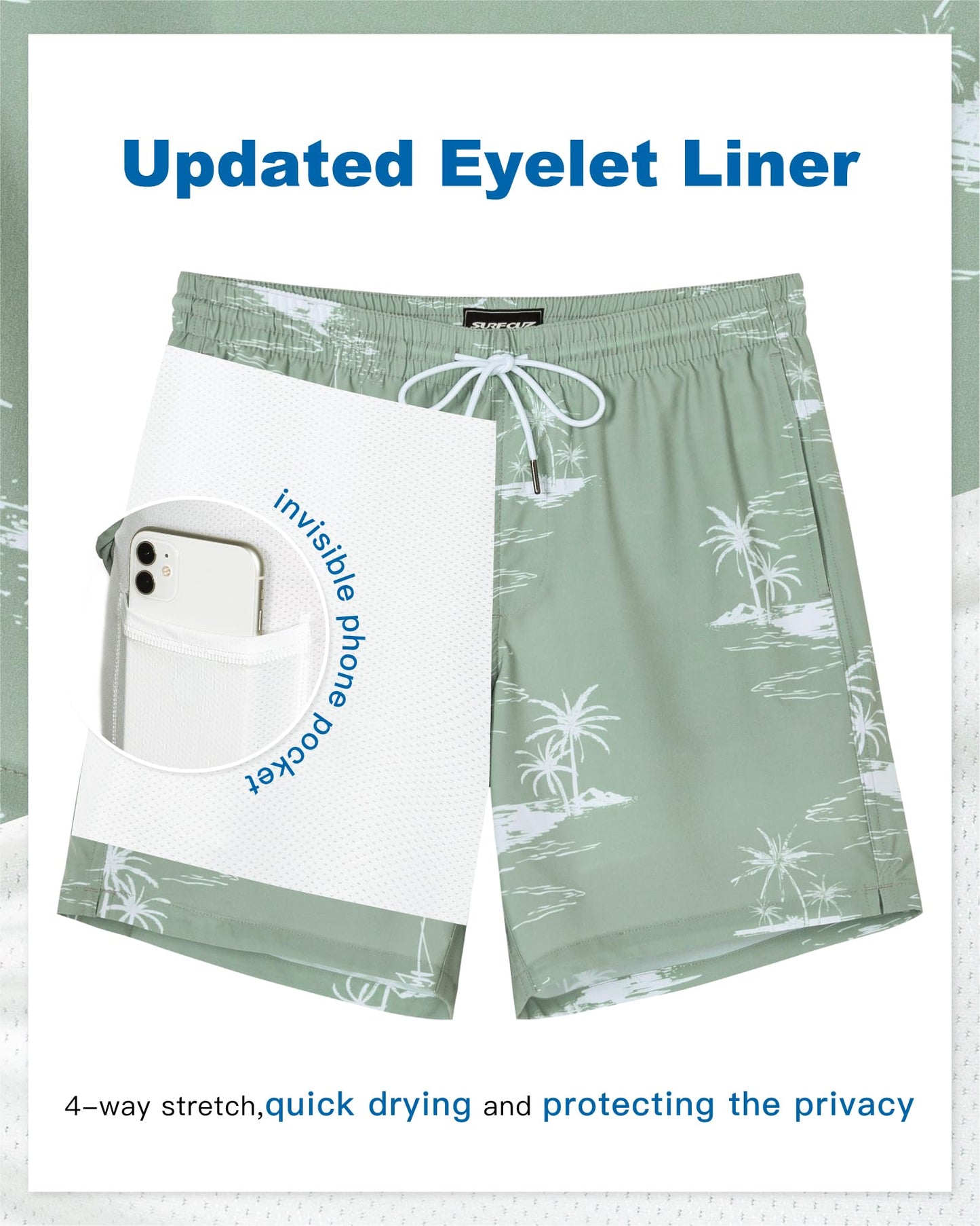 SURF CUZ Mens Swim Trunks with Compression Liner Quick Dry Swim Shorts 7" Swimming Trunks Stretch Bathing Suit 7 Inch,Coconut Island,XXL