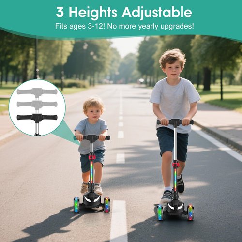 Electric Scooter for Kids Ages 3-12, 3-Wheel Electric Scooter, Electric Kick Scooter with 2 Speed, Long Battery Life, Bluetooth Music, LED Wheels, Gift for Kids (2-Speed & Bluetooth, Black)