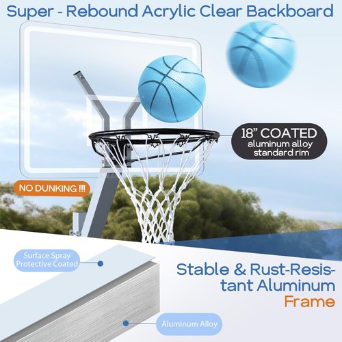 Pool Basketball Hoop for Inground, Poolside Basketball Goal with 18'' Standard Rim, Acrylic Backboard, Rustproof Aluminum Alloy Frame - Adjustable Height 20 to 42 Inches (Silver, In-Ground)