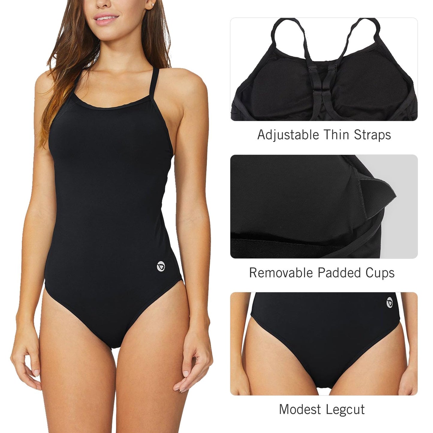 baleaf Women's Athletic Training Adjustable Strap One Piece Swimsuit Swimwear Bathing Suit Black 36