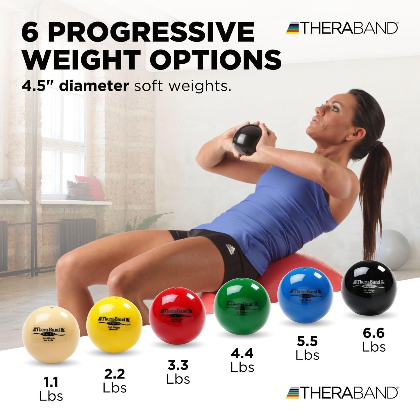 THERABAND Soft Weight 3.3 Lb, 4.5" Ball-Shaped Isotonic Exercise Balls for Physical Therapy, Weighted Ball Set for Pilates, Shoulder Strength & Rehab, Color-Coded, Portable & Easy to Grip