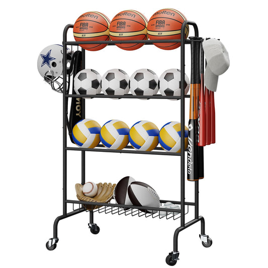 IBUYKE Basketball Rack, 4-Layers Rolling Ball Storage Rack with Wheels, Movable Garage Sports Equipment Storage Organizer for Basketball Football Soccer Volleyball Outdoor Indoor, Black TBL002B