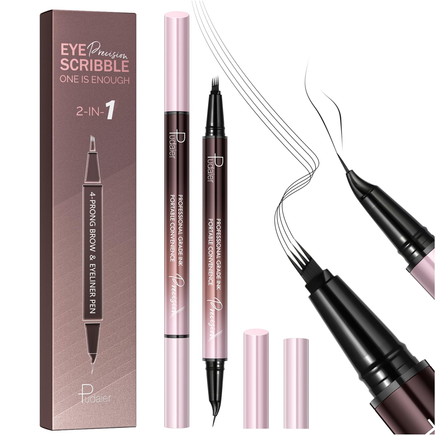 Pudaier Eyebrow Pen, Waterproof Microblading Eyebrow Pencil, 2-in-1 Dual-Ended 4 Tip Eye Brow Makeup Pen for Women with Precise Curved Brush-Tip Create Natural Hair-Like Brows, Last All-Day